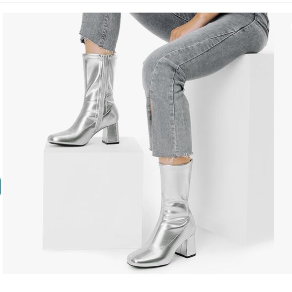 Shoes - Mid Calf Low Block Silver Heel Boots